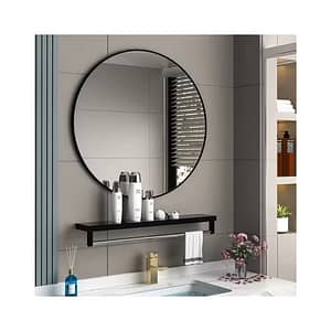 Circle Shape High Decor Adhesive Frame Bathroom Mirror With Shelf