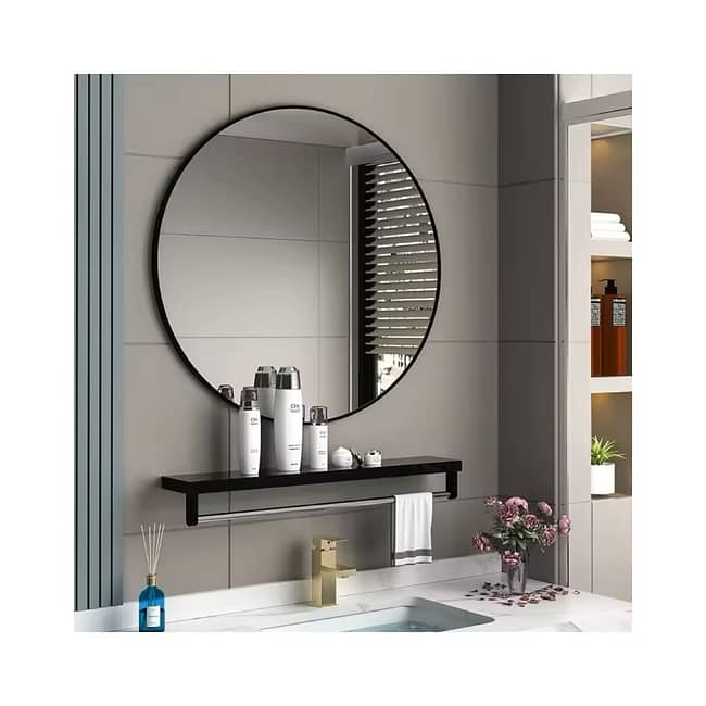 Circle Shape High Decor Adhesive Frame Bathroom Mirror With Shelf
